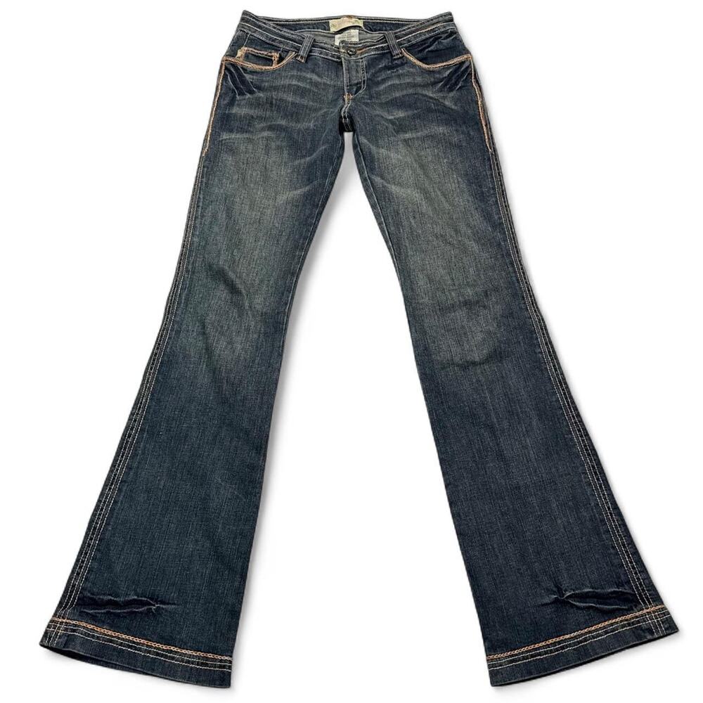 Y2K Low Rise Flare Jeans Size 5 back pockets embroidered stitching detail Cotton